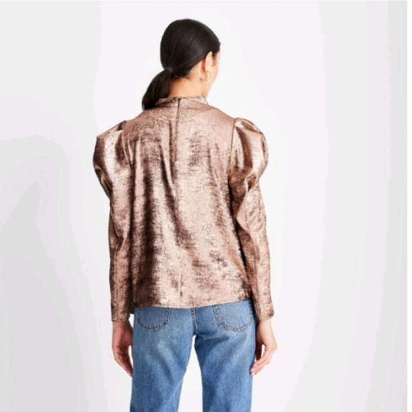 Future Collective Women's Puff Shoulder Long Sleeve Mock Neck Blouse Copper - Picture 2 of 16